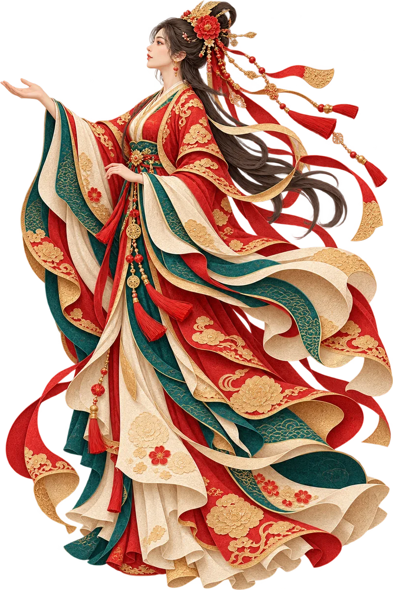 A young woman in red and ivory robes reaching to the left