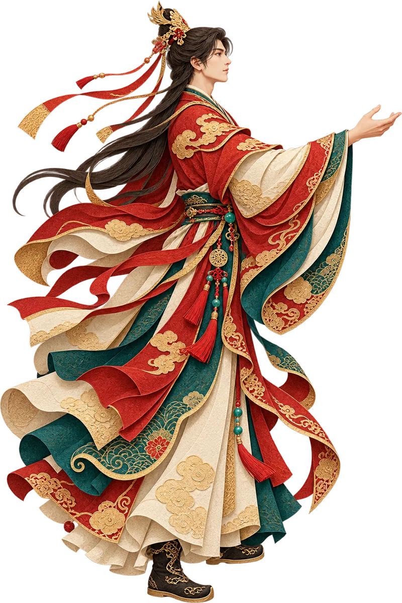 A young man in red and teal robes reaching to the right